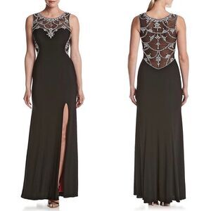 Betsy & Adam Womens Beaded Illusion Front and Back Gown